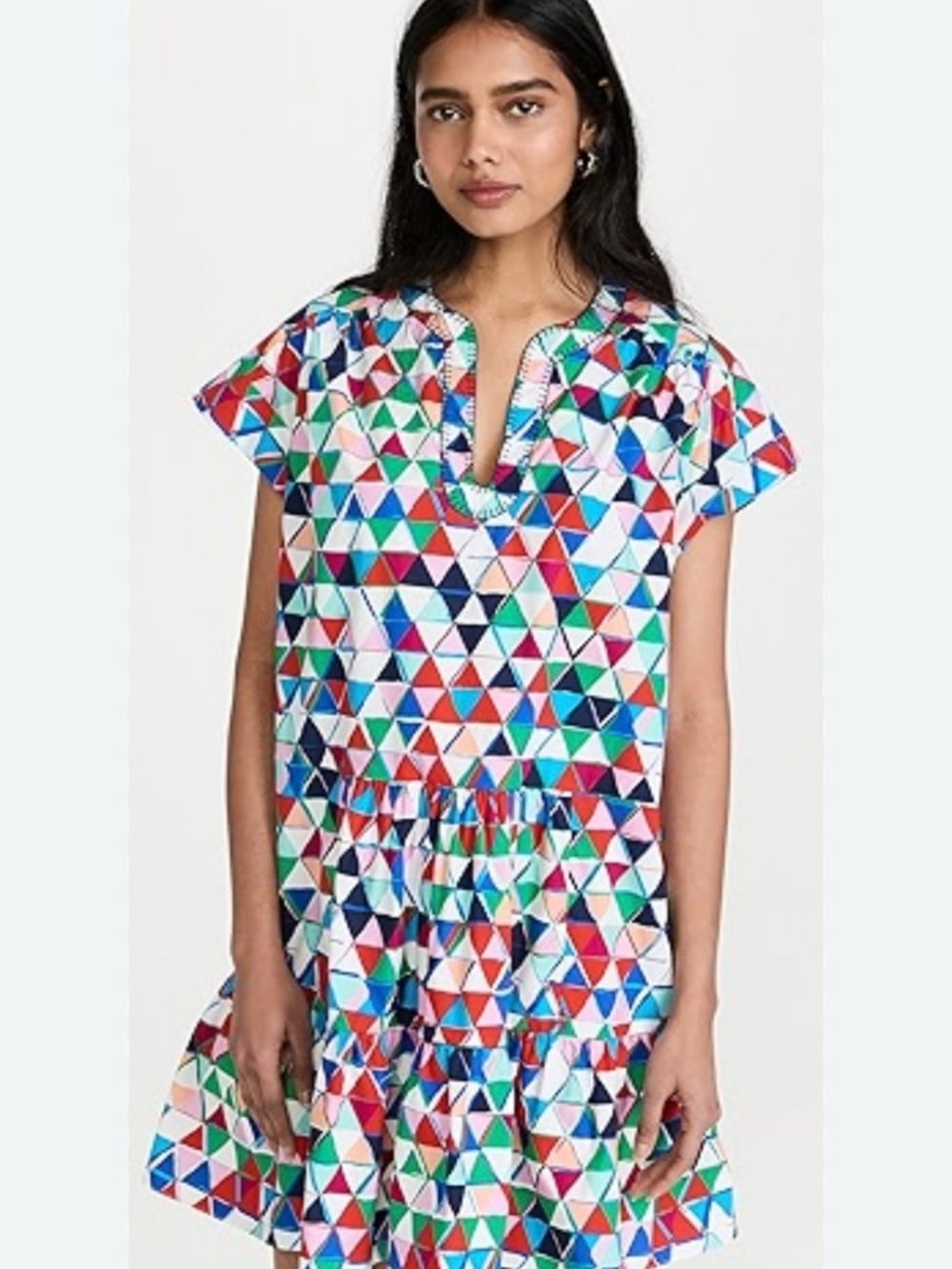 SALONI Ashley B Multicolor Geometric Print Tired Dress— Red, Green, Blue, Pink